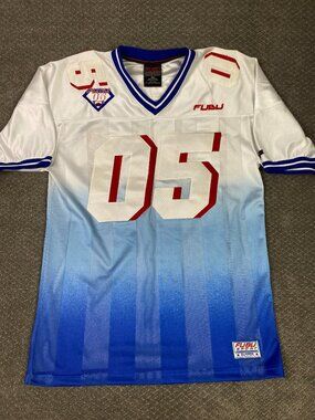 FUBU White Blue Gradient Football Jersey with Red Accents - 05